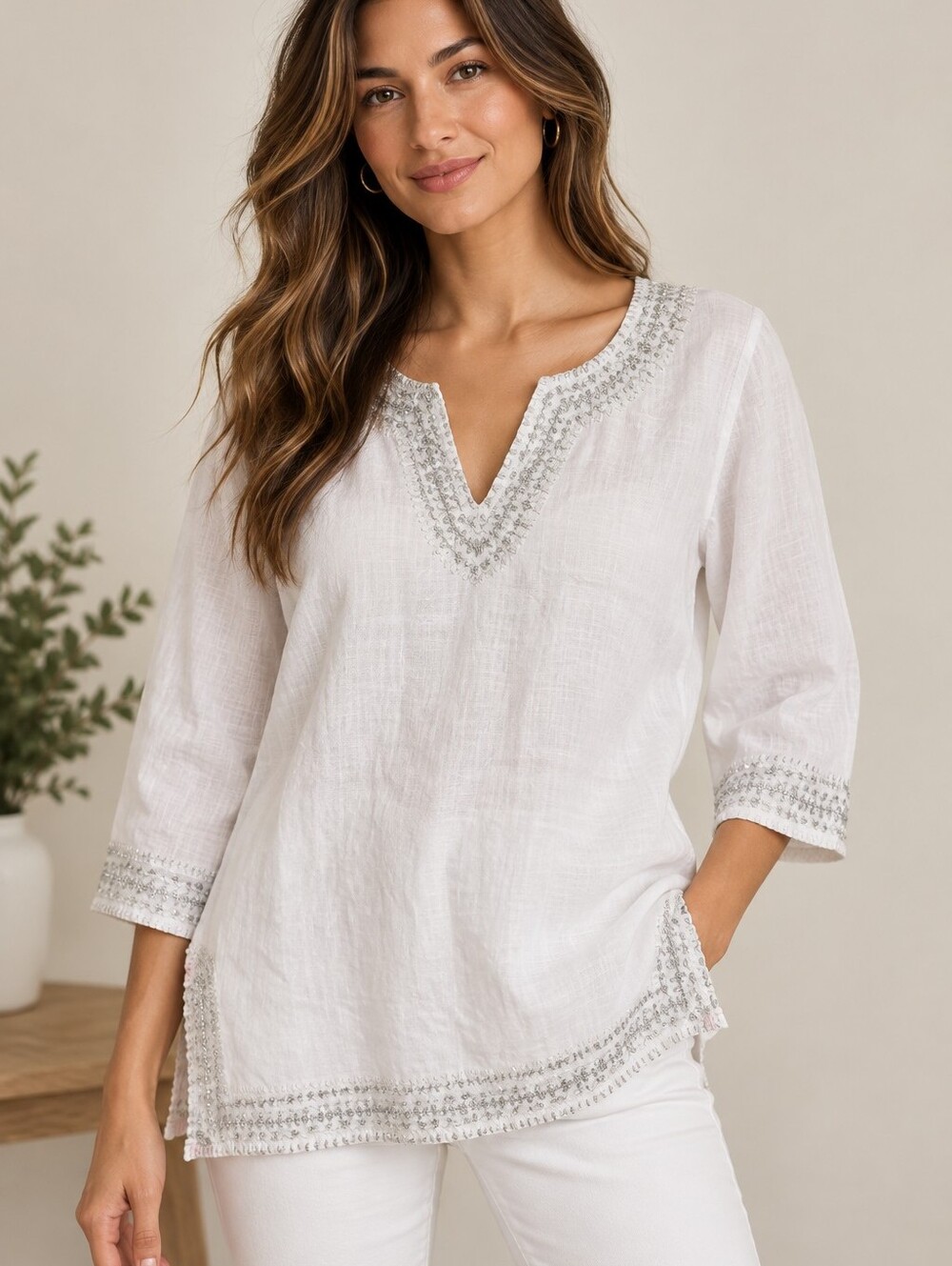 Saint Tropez West Linen Tunic Top Women's L White Silver Embroidered Boho